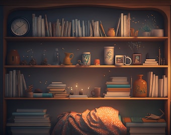 Cozy Bookshelf Virtual Background: Home Office Shelving (Digital Download)