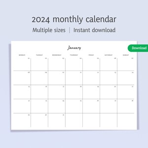2024 Monthly Planner, 2024 Clean Black and White Monthly Calendar, A4 and Letter Size, Print At Home PDF, Sunday & Monday Start