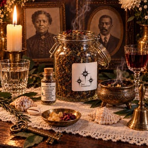 Puede incluir: Un frasco de vidrio transparente lleno de hierbas secas e incienso, con una etiqueta que muestra tres estrellas y el texto Thee Enchantress. A su lado hay una botella pequeña con corcho etiquetada NO 22 ANCESTOR INCENSE, un cuenco de latón y una llave.
