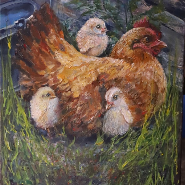 HenKückenLiebe,FamilieGeschenk,WarmZuhause,OilArt,CanvasArt,MutterLiebe,GlücklichArt,HomeDecor,Wandkunst,Herzlich,NatureArt,Handmade,LiebesNest