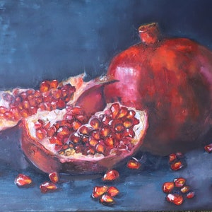Oil painting red pomegranate close-up juicy seeds, canvas art, vibrant fruit artwork, kitchen decor, unique gift idea