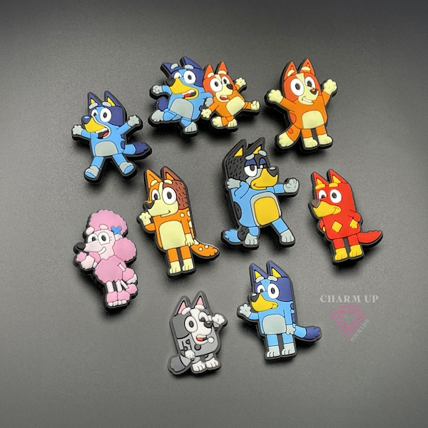 Blue Dog Themed Croc Charms - for Foam Clogs Shoes Sandals with Holes - PVC Rubber - Kids Cartoon Bingo Dog and Friends