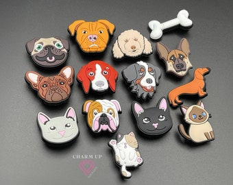 Dog & Cat Croc Charms - for Clogs Shoes Sandals with Holes - French Bulldog, Husky, Pitbull, Spaniel, Puppy, Kitten, Black Cat  - PVC Rubber