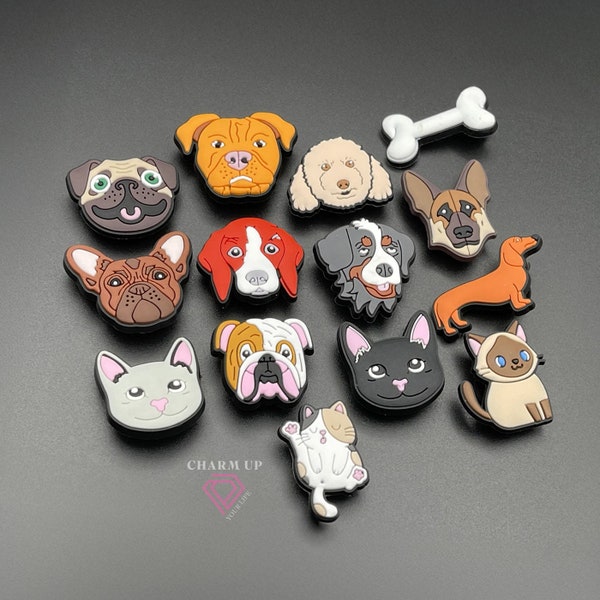 Dog & Cat Croc Charms - for Clogs Shoes Sandals with Holes - French Bulldog, Husky, Pitbull, Spaniel, Puppy, Kitten, Black Cat  - PVC Rubber