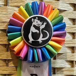 Happy Ratters Custom Award Ribbon 4.25” Ruffle Rosette and 11” Streamers Rainbow