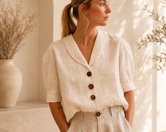 Women’s Linen Button Shirt, Short Sleeve Collar Blouse, Casual Summer Top, Lightweight Linen Blouse, women's blouses, women's clothes