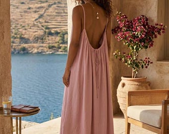 Open Back Linen Maxi Dress, Spaghetti Strap Summer Dress, Flowy Trapeze Beach Dress for Women, Maxi midi dress for women