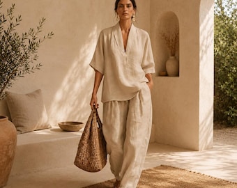 White Linen Two Piece Set Women, Relaxed Linen Top and Pants Outfit, Summer Vacation Lounge Set, Beach Resort Wear, Plus Size Linen Set