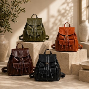 Vintage Leather  Drawstring Backpack for Women, Large-Capacity Travel Daypack, Casual School and Everyday Bag, Minimalist School Travel Bag