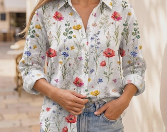 Wildflower Linen Shirt Women, Floral Button Down Blouse, Botanical Poppy Summer Top, Cottagecore Casual Shirt Gift for Her