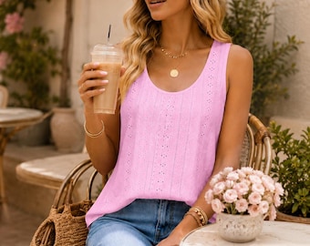 Pink Eyelet Tank Top Women, Sleeveless Summer Top, Lightweight Vacation Blouse, Casual Boho Beach Outfit