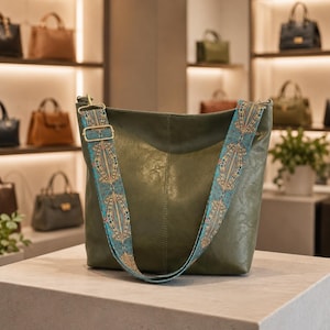 Women’s PU Leather Hobo Bag – Wide Patterned Strap, Slouchy Everyday Shoulder Tote