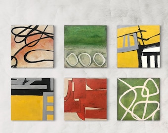 Conjunto de 6 esculturas de madera abstractas de mediados de siglo, con estampados geométricos escandinavos.