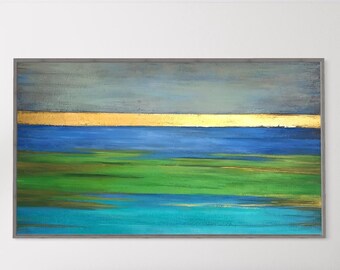 Pintura original de lienzo azul con detalles en pan de oro - Arte abstracto contemporáneo para la decoración del hogar