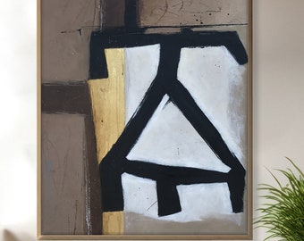 Extra Large Beige Brown Abstract Painting: Mid Century Modern Textured Art