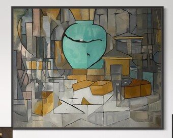 Gran bodegón abstracto: arte mural verde, naranja y turquesa (60 x 60)