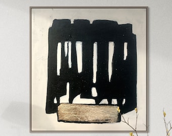 Gran pintura abstracta: lienzo en pan de oro, beige y negro