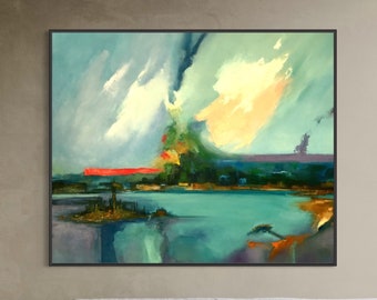 Pintura al óleo de paisaje abstracto: arte expresionista texturizado sobre lienzo (120 x 140 cm)