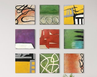 Arte de pared abstracto original con bloques de madera, pintura geométrica texturizada, escultura de varios paneles de mediados de siglo.
