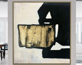Gran pintura abstracta en dorado y negro, lienzo minimalista texturizado, decoración moderna para el hogar.