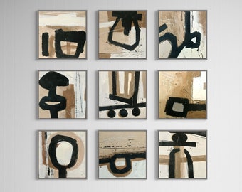 Conjunto original de esculturas abstractas de madera, arte de pared de galería moderno en beige y negro de 6 piezas