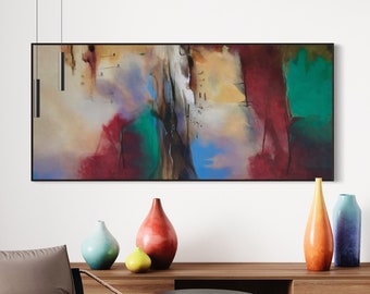 Large Abstract Painting: Green, Orange, and Blue Modern Art (55”x23”)