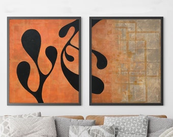 Orange Beige Abstract Diptych: Handmade Acrylic Canvas Painting (39x24)
