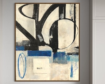 Cuadro abstracto extragrande: Arte geométrico azul y beige, 24 x 20