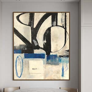 Extra Large Abstract Painting: Blue Beige Geometric Art, 24x20