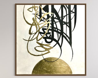 Large Gold Leaf Abstract Painting: Black and White Canvas Wall Art