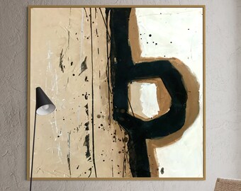 Gran pintura abstracta, arte mural texturizado neutro, obra de arte en lienzo negro y beige