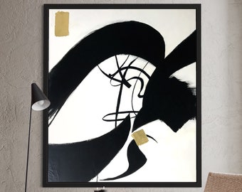 Modern Black & Gold Leaf Painting: Abstract Canvas Wall Art (60x50 cm)