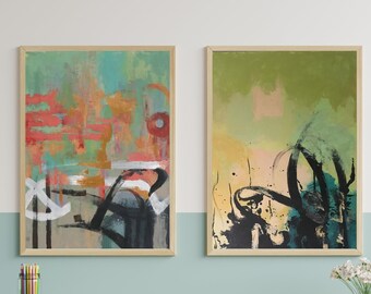 Gran conjunto de pinturas abstractas en lienzo: arte mural moderno en verde, negro y rosa.
