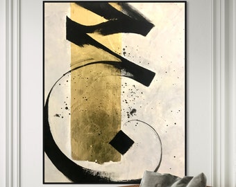 Gran lienzo abstracto con hojas doradas, arte minimalista texturizado