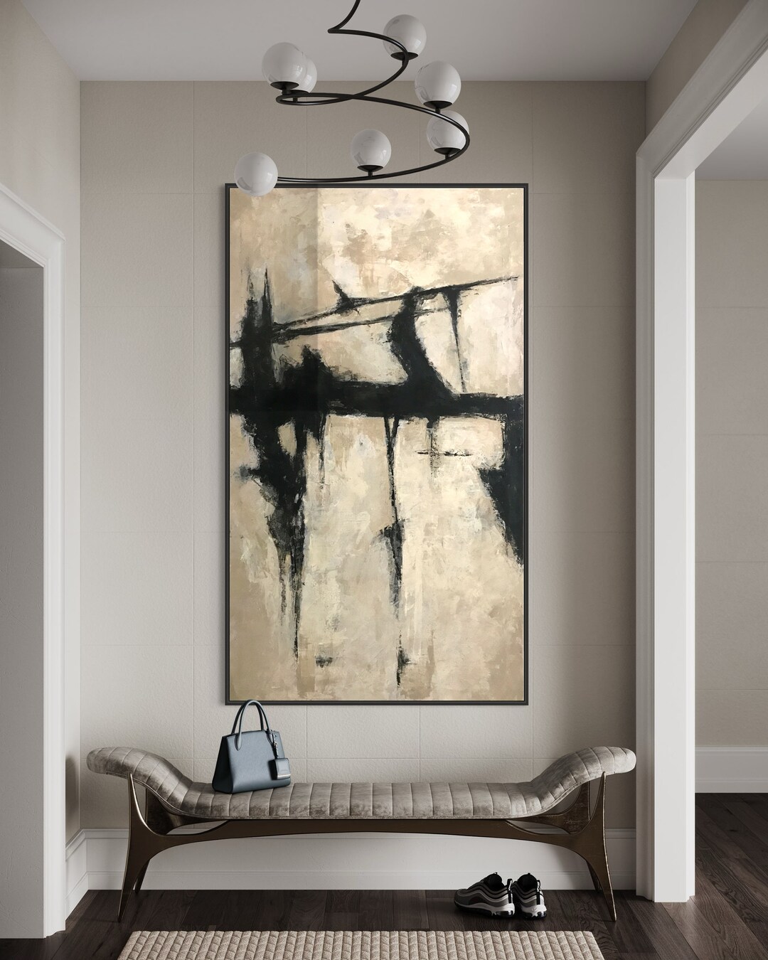Large Beige Abstract Painting: Black Minimalist Texture Art - Etsy