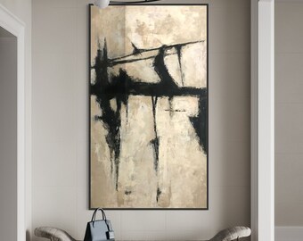 Gran pintura abstracta beige: arte de textura minimalista negra