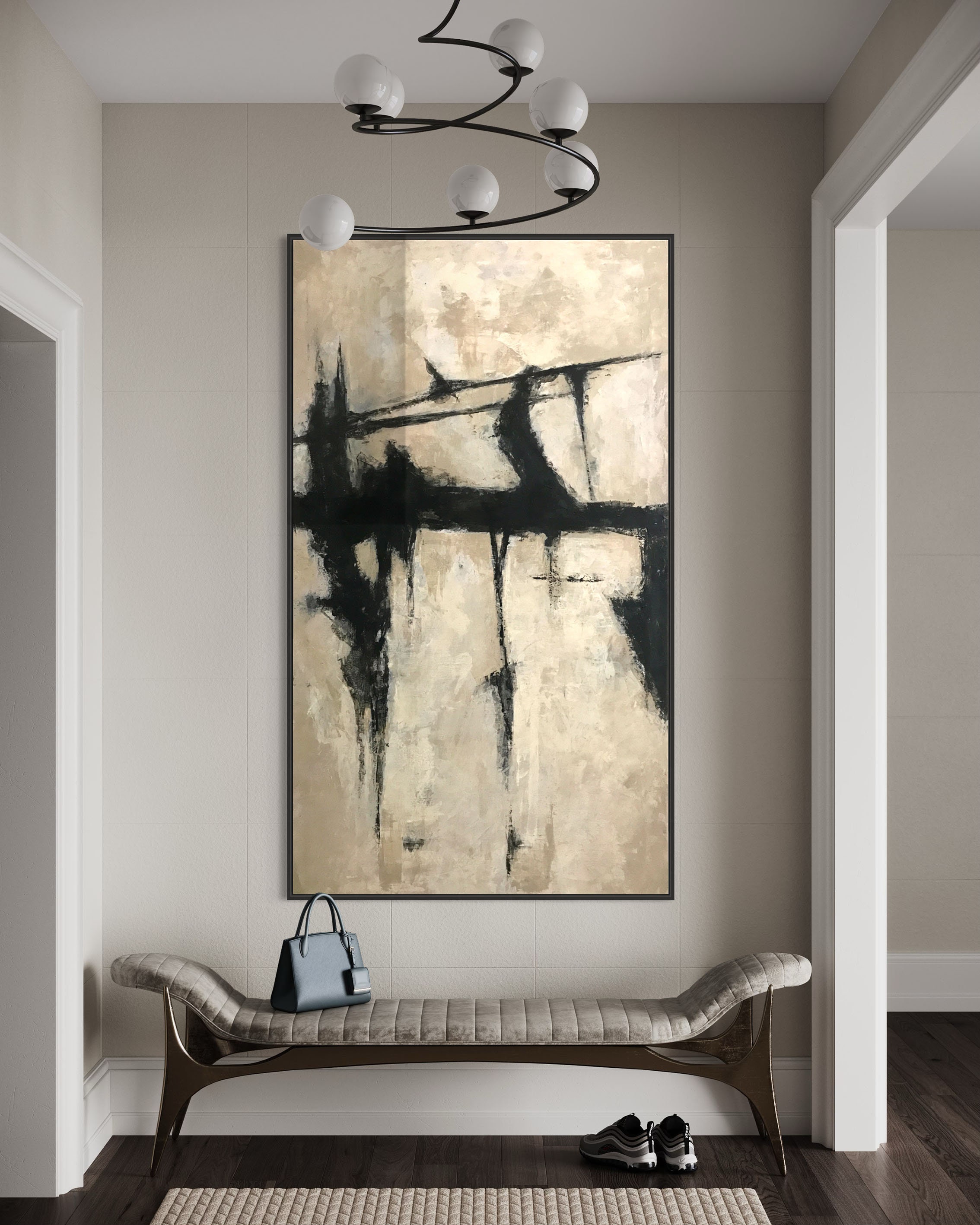 Large Beige Abstract Painting: Black Minimalist Texture Art - Etsy
