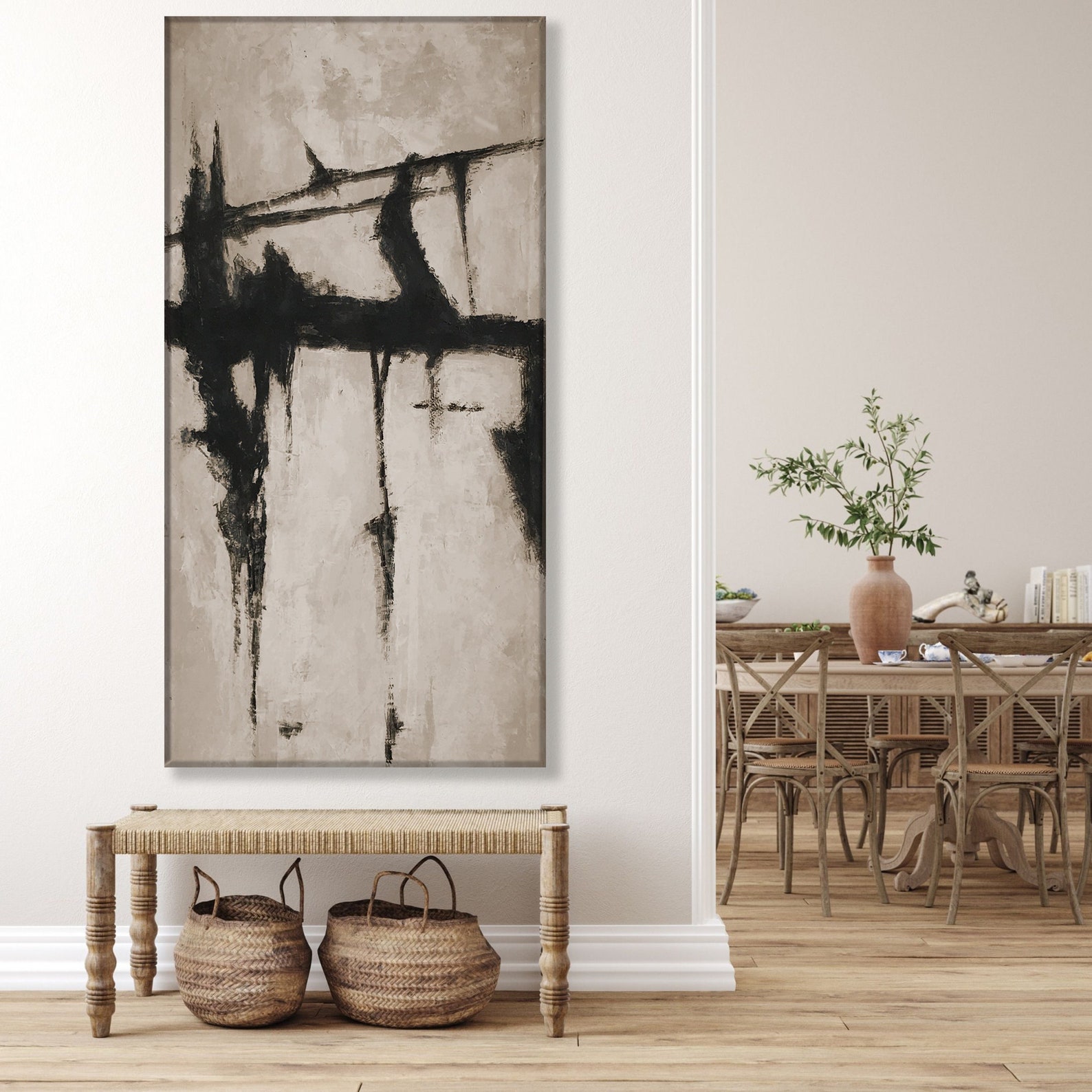 Large Beige Abstract Painting: Black Minimalist Texture Art - Etsy