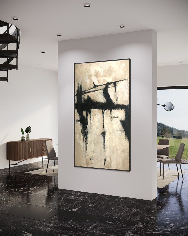 Large Beige Abstract Painting: Black Minimalist Texture Art - Etsy