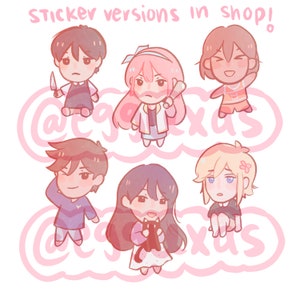 May include: Six illustrated stickers featuring different characters. The characters are drawn in a chibi style and are all smiling. The stickers are on a pink background with the text "sticker versions in shop!" at the top.