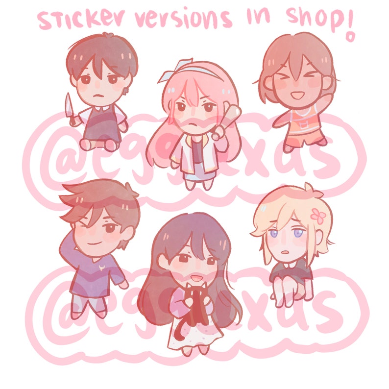 May include: Six illustrated stickers featuring different characters. The characters are drawn in a chibi style and are all smiling. The stickers are on a pink background with the text "sticker versions in shop!" at the top.