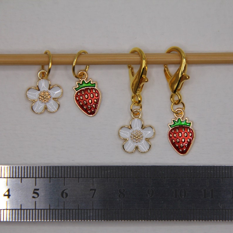 Set of 2 Strawberry and Flower Enamel Stitch Markers, Knitting Notions