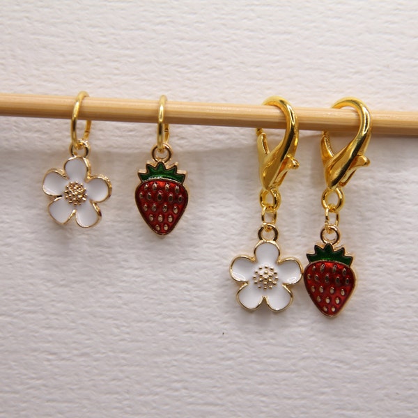 Set of 2 Strawberry and Flower Enamel Stitch Markers, Knitting Notions, Progress Keeper, for knitting or crochet