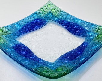 Plato de vidrio fundido, plato de vidrio curvo azul y verde, plato de vidrio doblado para ensalada, plato de vidrio con borde de color, vajilla de regalo para mamá