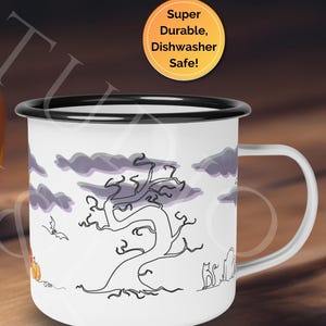 Halloween Enamel Camping Mug, 12oz, Autumn Camping Cup Campfire Outdoor Coffee Mug Haunted Spooky Fall Vibes Halloween Lover Gifts Black Cat
