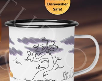 Halloween Emaille Camping Becher, Herbst Camper Cup Lagerfeuer Outdoor Kaffeebecher Gruselige Herbst Vibes Halloween Liebhaber Geschenke Schwarze Katze