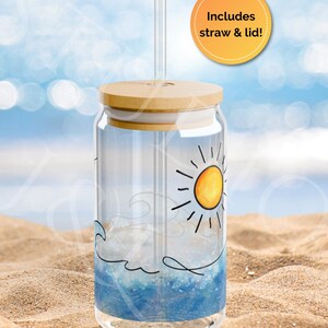 Ocean Sipper Glass, 16oz, with Bamboo Lid and Straw, Beach Themed Iced Coffee Cup Summer Birthday Glass Tumbler Ocean Lover Drinkware Gift