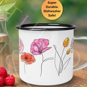Wildflower Enamel Camping Mug, 12oz, Spring Adventure Camper Mug Floral Hiking Cup Botanical Campfire Mug Cottagecore Outdoor Coffee Mug