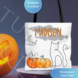 Personalized Halloween Tote Bag Custom Name Trick or Treat Totes Kids Candy Party Goodie Bags Pumpkin Black Cat Bats Haunted Spooky Tree