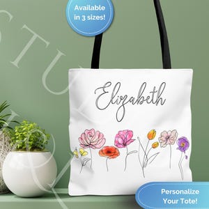 Personalized Wildflowers Tote Bag Custom Gifts for Her Gift for Mom Sister Grandma Teacher Bachelorette Bridesmaid Gifts Birthday Gift Bags